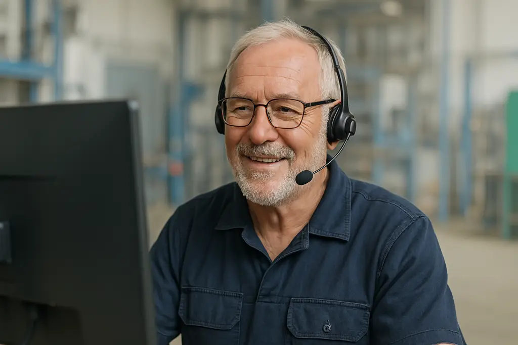 Ein älterer Handwerker mit Brille und Headset blickt konzentriert auf einen Bildschirm. Er trägt ein dunkelblaues Arbeitsshirt und befindet sich in einer hellen, leicht verschwommenen Werkstattumgebung. Die Szene vermittelt den Eindruck von digitaler Zusammenarbeit und technikgestützter Teilhabe im Arbeitsleben.