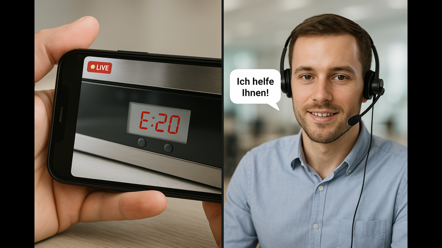 Zweiteiliges Bild: Links hält eine Person ein Smartphone, das eine Fehlermeldung „E:20“ auf dem Display eines Küchengeräts zeigt. Rechts im Bild ist ein freundlicher Kundenberater mit Headset zu sehen, der in einem modernen Büro sitzt und über eine Sprechblase den Satz „Ich helfe Ihnen!“ sagt. Die Szene stellt Live Video Support dar.