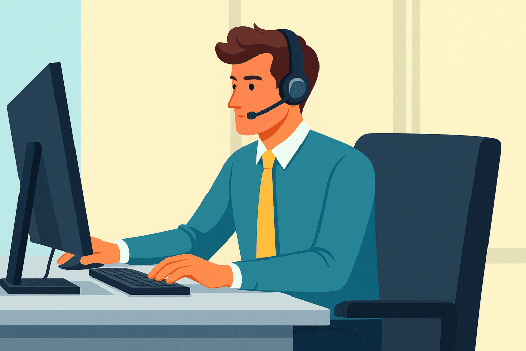 Illustration eines freundlichen Service-Mitarbeiters mit Headset am Computerarbeitsplatz. Die Szene steht für professionellen Remote Support und digitale Kundenbetreuung. Das Bild symbolisiert den Einsatz von tele-LOOK Live Video Support Software, mit der Unternehmen technischen Support und Serviceanfragen effizient per Video-Chat und Bildschirmübertragung bearbeiten können – ohne Vor-Ort-Termin, direkt am PC. Perfekt für Serviceteams, Helpdesks und modernen Kundensupport.