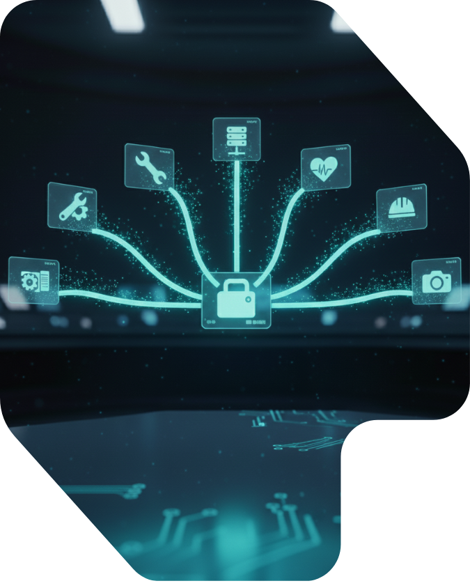 Digitales Schaubild mit zentralem Schloss-Symbol (Sicherheit) und abzweigenden Icons für verschiedene Branchen (IT, Wartung, Medizin, Bau), illustriert die vielseitige und sichere Anwendung von tele-LOOK.