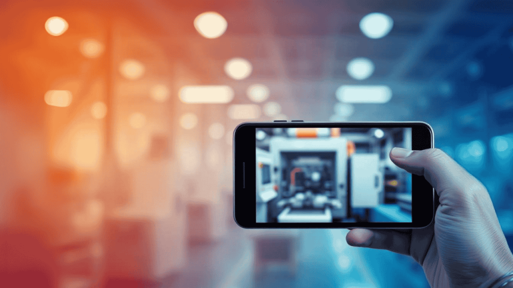 Ein Mensch hält ein Smartphone im Querformat und filmt eine industrielle Maschine in einer Fertigungshalle. Im Hintergrund verläuft ein weicher Farbverlauf von warmem Orange zu kühlem Blau. Die Hand und das Smartphone sind im Fokus, während Umgebung und Maschine unscharf dargestellt sind.