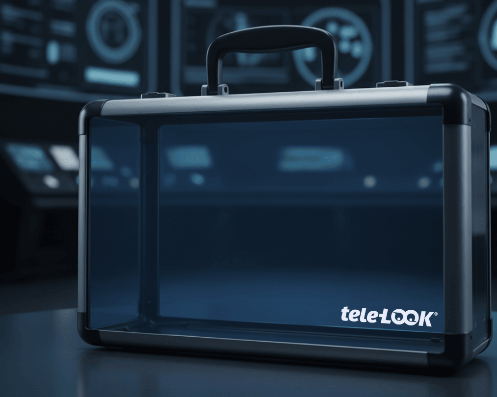 Transparenter Technologie-Koffer mit tele-LOOK Logo in einem futuristischen Kontrollraum, symbolisiert den digitalen Werkzeugkoffer für den installationsfreien und sofort einsatzbereiten Live-Video-Support.